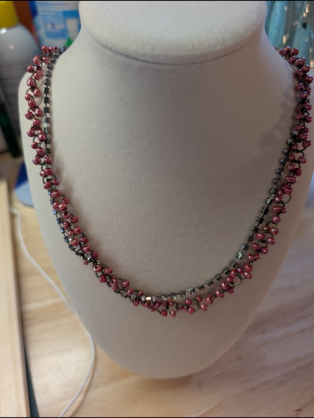 Handmade Pink Bead and Hematite Chain Necklace - Women Jewelry